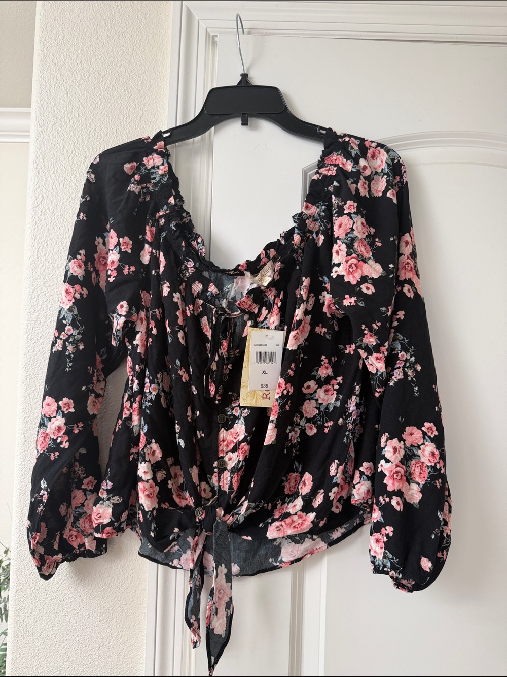 Rewind Black Blouse with Pink Rose Floral Print